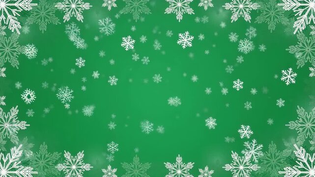 Festive green background with white snowflakes falling and decorative border for winter holiday celebrations