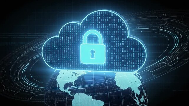 Digital cloud security concept with glowing lock symbol over world globe and binary code background