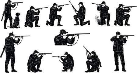 Collection of hunter silhouettes in various shooting and aiming positions, bold vector illustration symbolizing hunting, outdoors, sport, design content © Hafeza