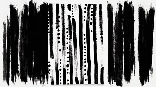 Abstract black and white vertical brush strokes with dotted patterns modern art background