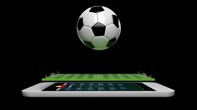 Soccer ball flying over smartphone with soccer field on screen