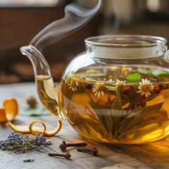Steaming herbal tea brewed in a glass teapot with delicate flowers and citrus zest