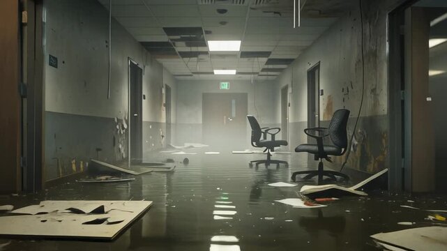 Abandoned flooded office hallway with broken ceiling tiles and empty chairs in damaged building