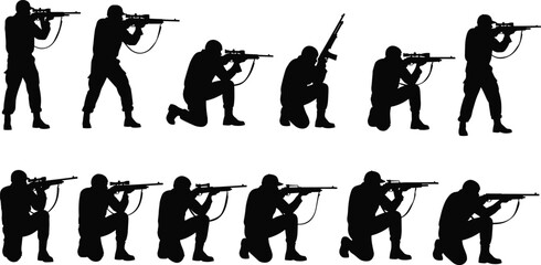 Black silhouettes of armed men in tactical shooting stances, military training poses, combat positions, firearm practice, defense illustration © Roisul