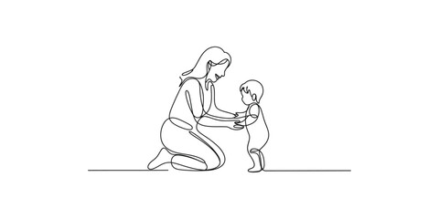 Fototapeta premium A continuous line art illustration showing a mother helping her baby learn to take their first steps.