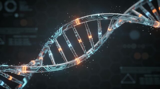 Futuristic glowing DNA strand with digital data in dark background for genetics and biotechnology