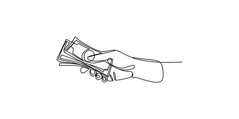 A single line drawing of a hand holding several banknotes, symbolizing payment or financial transaction.