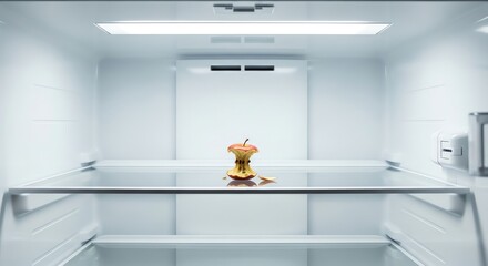 Empty refrigerator with apple core