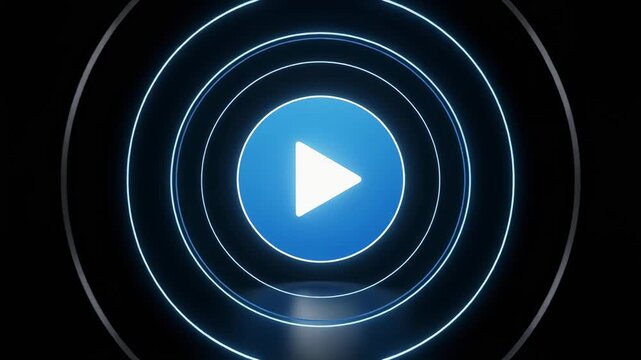 Blue play button with glowing circles futuristic digital media concept technology background