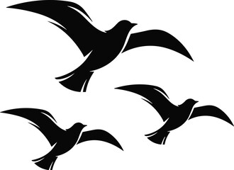 Obraz premium Stylized silhouette of three birds in flight, minimalist black design, artistic nature theme, symbol of freedom, travel, dynamic motion illustration