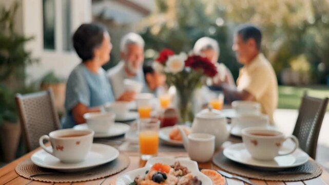 Breakfast table setting in focus with blurred family gathering in the background enjoying brunch on an outdoor patio