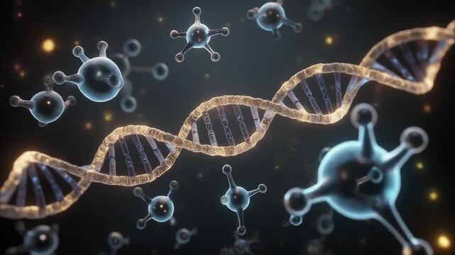 Close up of DNA double helix and molecular structures with glowing effects in science background