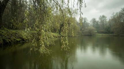 Obraz premium Weeping Willow Branches Over Peaceful Lake in Nature