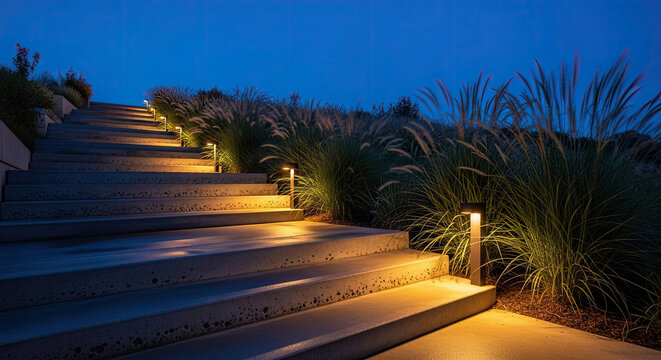 Landscaped Garden with Concrete Stairs and Decorative Lighting