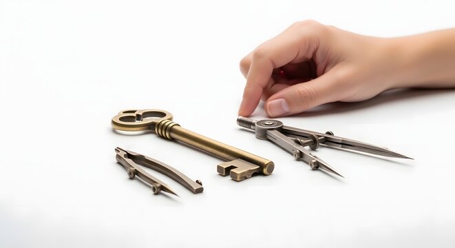 Freemasonry: Hand Using Divider Compass with Key on White Background