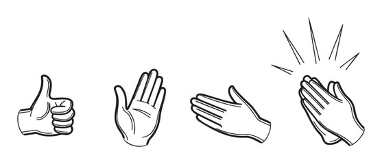 Obraz premium Set of outlined hand gestures including thumbs up, open palm, and enthusiastic clapping, perfect for conveying approval, welcome, or celebration in communication and educational materials.