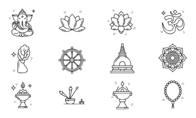 A comprehensive collection of Hindu and Buddhist spiritual symbols featuring Ganesha, Om, lotus, dharma wheel, and mandala icons, suitable for meditation, cultural, and worshipthemed