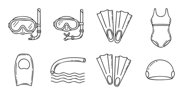 Collection of hand drawn outline swimming and snorkeling equipment icons perfect for summer vacation activity guides, aquatic sports advertisements, and pool party invitations