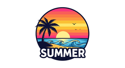 Fototapeta premium Tropical Summer Beach Sunset Emblem with Palm Tree and Waves