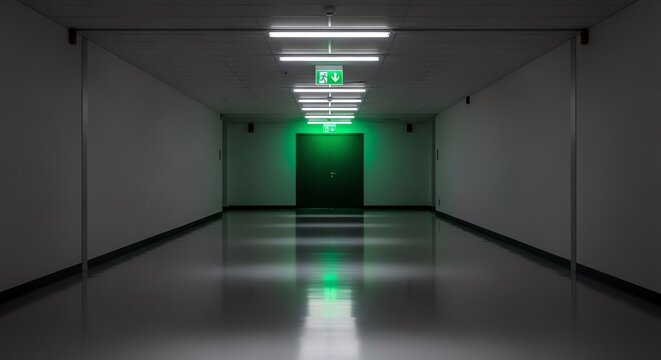 Empty hallway with green emergency exit door