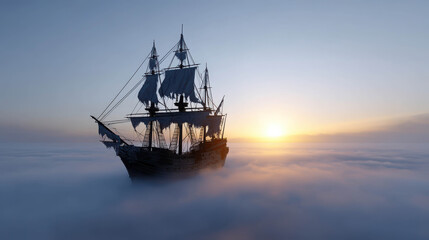 Fototapeta premium Majestic Pirate Galleon Emerging from Mist at Sunrise with Dramatic Light