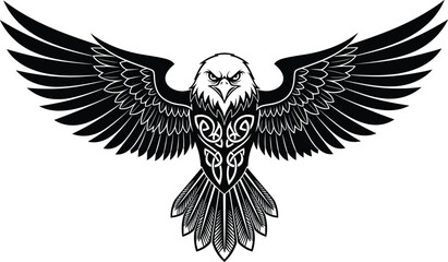 Fototapeta premium Majestic eagle tribal vector illustration, symmetrical wings spread, fierce head detail, ornate decorative feathers, powerful bird design artwork