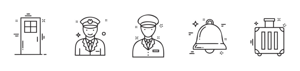 Collection of linear icons depicting hotel and hospitality services like a door, smiling bellhop, service staff, ringing bell, and luggage for various business and travel applications