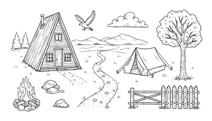 Hand drawn collection of outdoor leisure and camping objects with an A frame house, tent, campfire, and natural landscape, perfect for adventure themed publications or wilderness themed