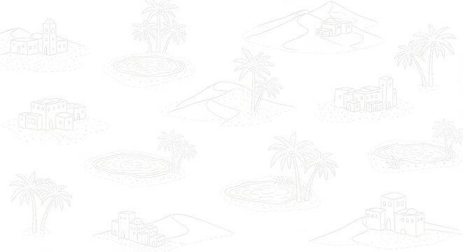 Isolated desert oases and ancient architectural settlements rendered in a minimalist sketch style