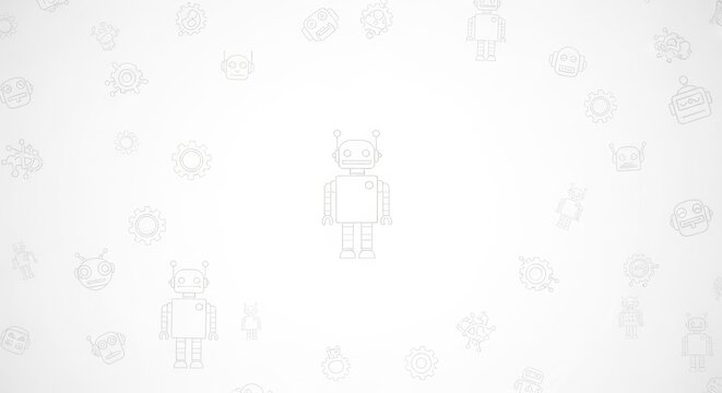 Minimalist robotic icons scattered across a clean white backdrop celebrating technology and
