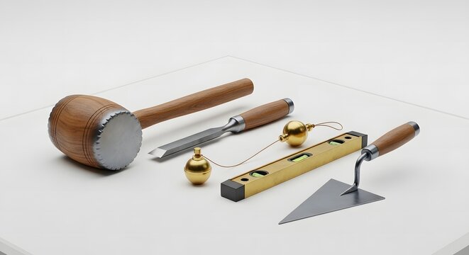 Freemasonry: Mason Tools Set with Mallet and Level on White
