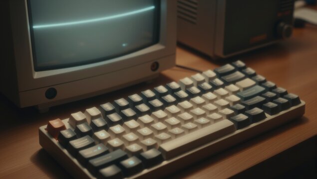 Retro computer monitor and mechanical keyboard resting on a wooden desk surface