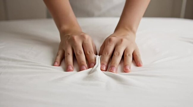 Hands smoothing out a bedsheet with a slight wrinkle on a white bed
