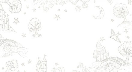 Whimsical Hand-Drawn Fairy Tale Landscape with Castles Bridges and Night Sky Elements