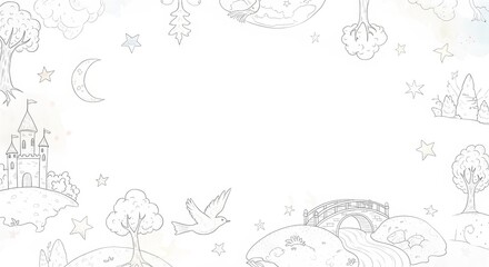 Whimsical sketched landscape with castle, bird, moon, and stars, evoking dreams and imagination