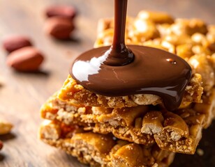 Obraz premium A stack of gooey, chocolate-covered caramel peanut bars