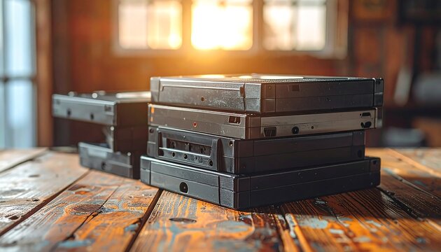 A stack of old VHS tapes on a wooden table