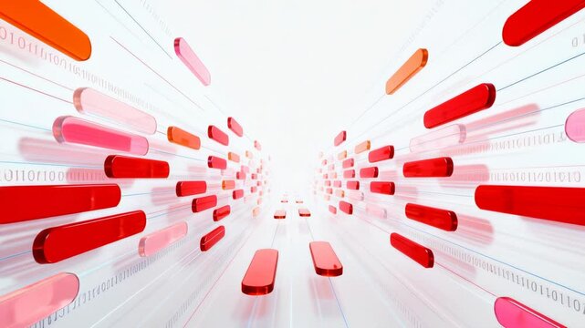 Dynamic abstract background featuring red and pink capsule shapes in a vanishing perspective, symbolizing data transmission, digital networks, and technological advancement