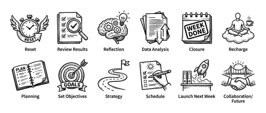 Hand drawn business and productivity icon set showing project management steps like planning, strategy, goals, and weekly review, isolated on a white background