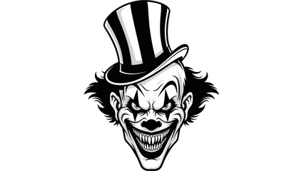 Scary Clown Face with Top Hat, Evil Grin, Black and White Horror Illustration