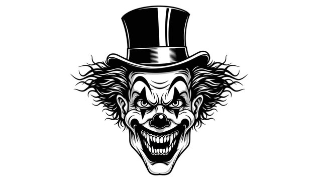 Scary Clown Face with Top Hat, Evil Grin and Wild Hair - Black and White Illustration