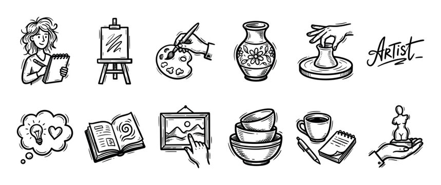 Set of hand-drawn artist icons in a black and white doodle style showing creative hobbies like painting, pottery, sculpture, and sketching, isolated on a white background