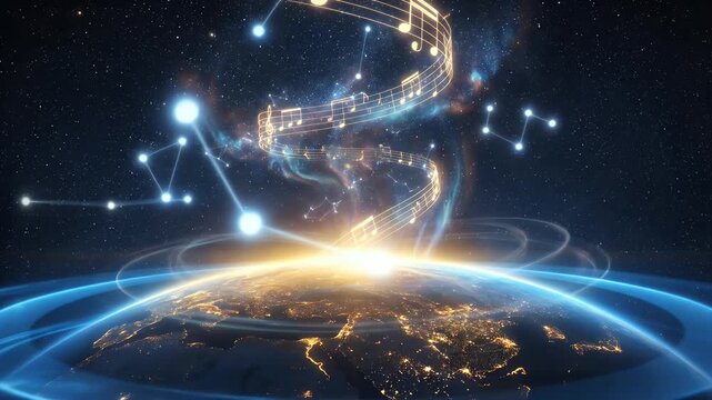 Glowing musical note swirling around planet earth in starry night sky