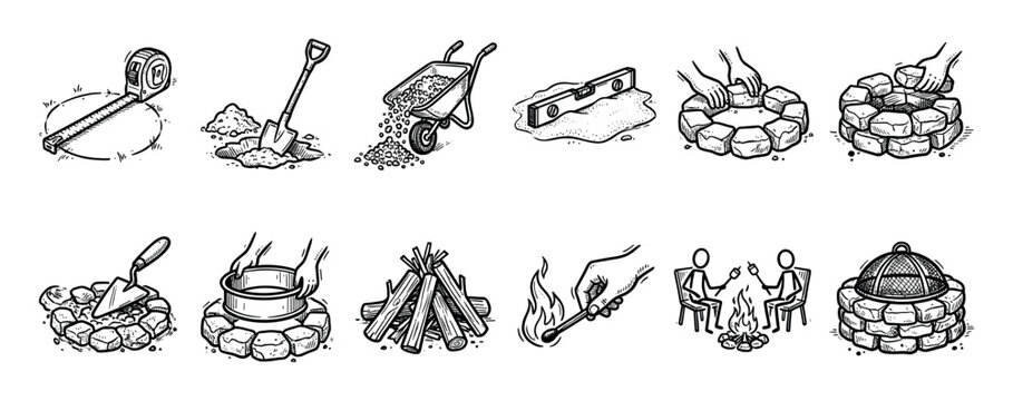 Hand-drawn black and white icon set illustrating the step-by-step process of building a DIY stone fire pit, from tools and materials to enjoying the final campfire, isolated on white