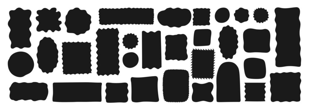 Abstract silhouette organic shape set with wavy liquid forms and irregular geometric frames. Retro fluid blobs curves, scalloped edges and soft oval spots. Flat minimal abstract elements modern look