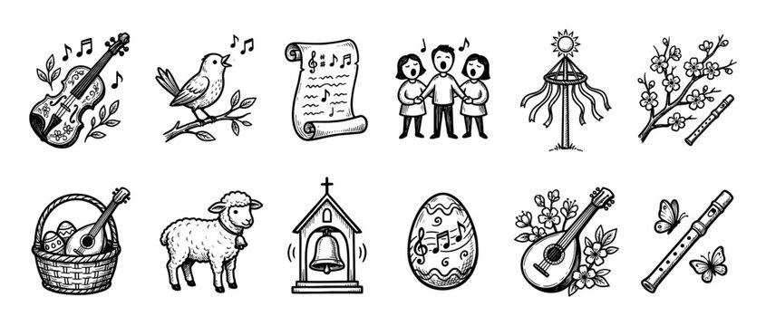 Black and white doodle icon set of spring, music, and Easter symbols like violin, flute, choir, lamb, and maypole in a hand-drawn vintage style on a white background
