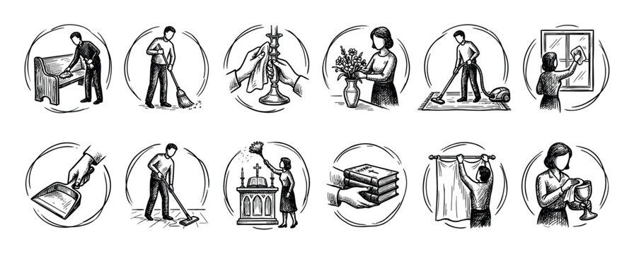 Collection of vintage hand-drawn illustrations depicting various cleaning and maintenance tasks, including religious items, presented in a classic sketch style on a white background