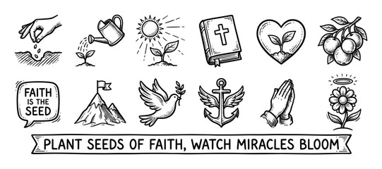 Hand-drawn Christian faith icons set illustrating spiritual growth from a seed to a blooming flower with Bible, dove, and praying hands isolated on white
