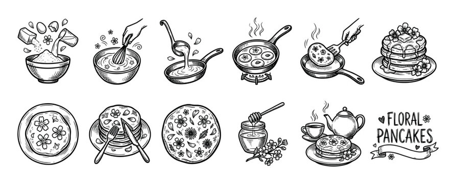 Hand-drawn pancake recipe illustration set showing cooking steps from mixing batter to frying and serving with flowers and honey, isolated on a white background