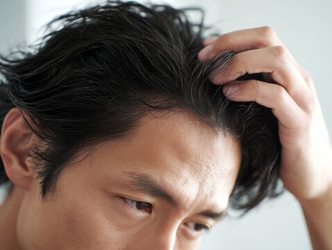 自分の髪の状態や頭皮の悩みを鏡の前で真剣にチェックしている若い男性のクローズアップ